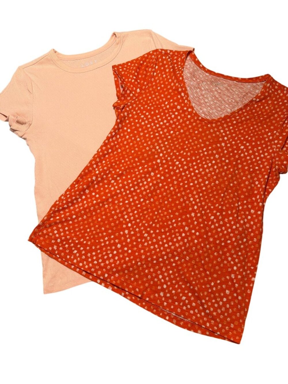 2 Loft Short Sleeve T Shirts Peach Ribbed Orange White V Neck Comfort Size Large